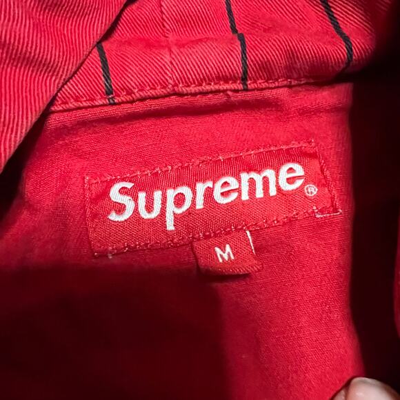 Supreme Twill Pinstripe Jacket Mens Medium Red Hooded Parka *** - Picture 8 of 9